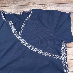 UA Scrubs Large Blue Scrub Top Leopard Cheetah Print Trim